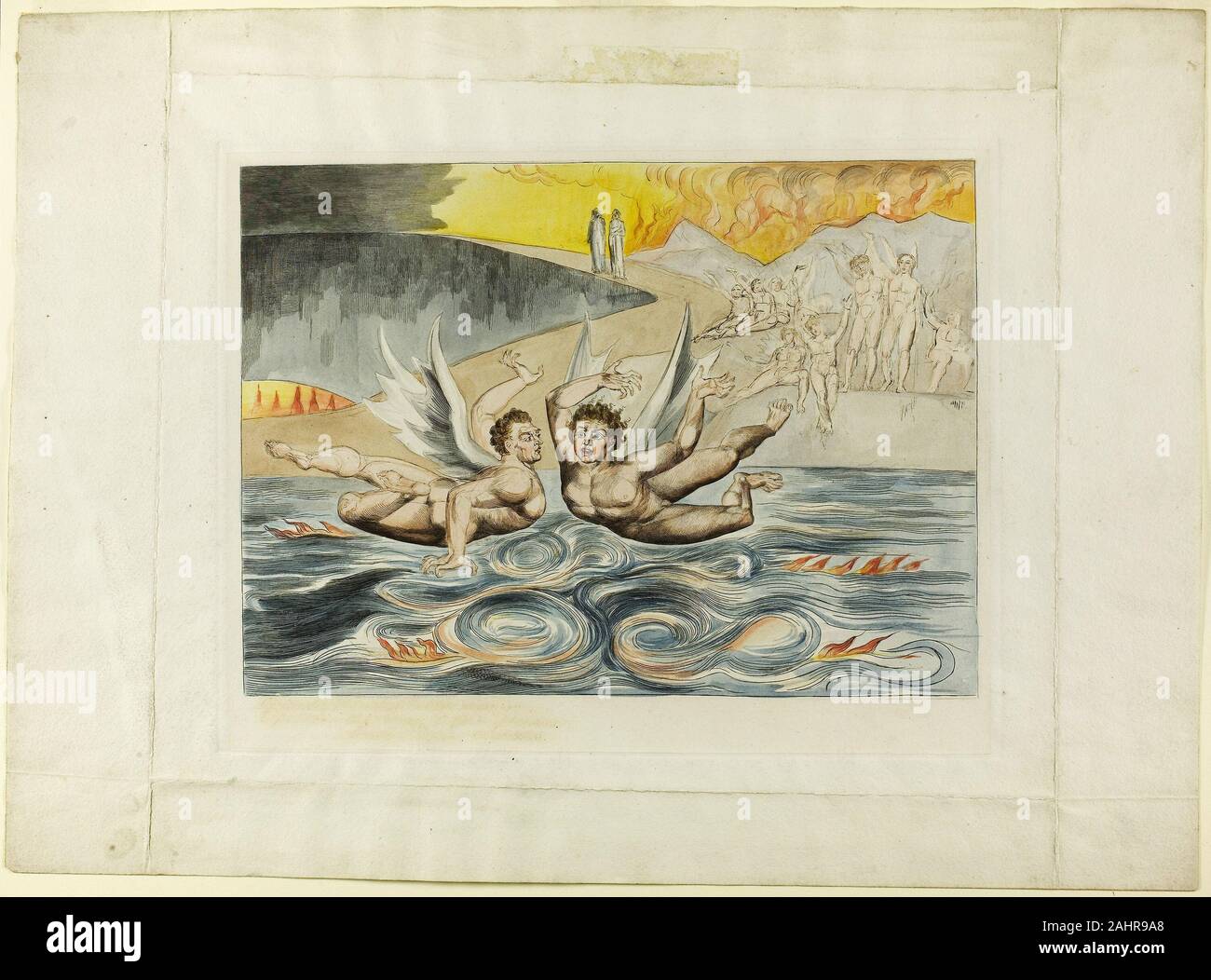 William Blake. Il cerchio dei funzionari corrotti; i diavoli Mauling ogni altro. Inferno, canto XXII.. 1827. In Inghilterra. Colorate a mano incisioni su carta india, fissate su carta intessuta (chine collé) Foto Stock