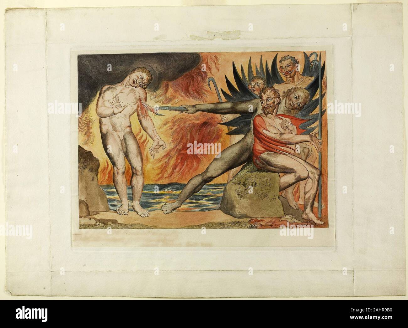 William Blake. Il cerchio dei funzionari corrotti; i diavoli Ciampolo tormentoso. Inferno, canto XXII. 1827. In Inghilterra. Colorate a mano incisioni su carta india, fissate su carta intessuta (chine collé) Foto Stock
