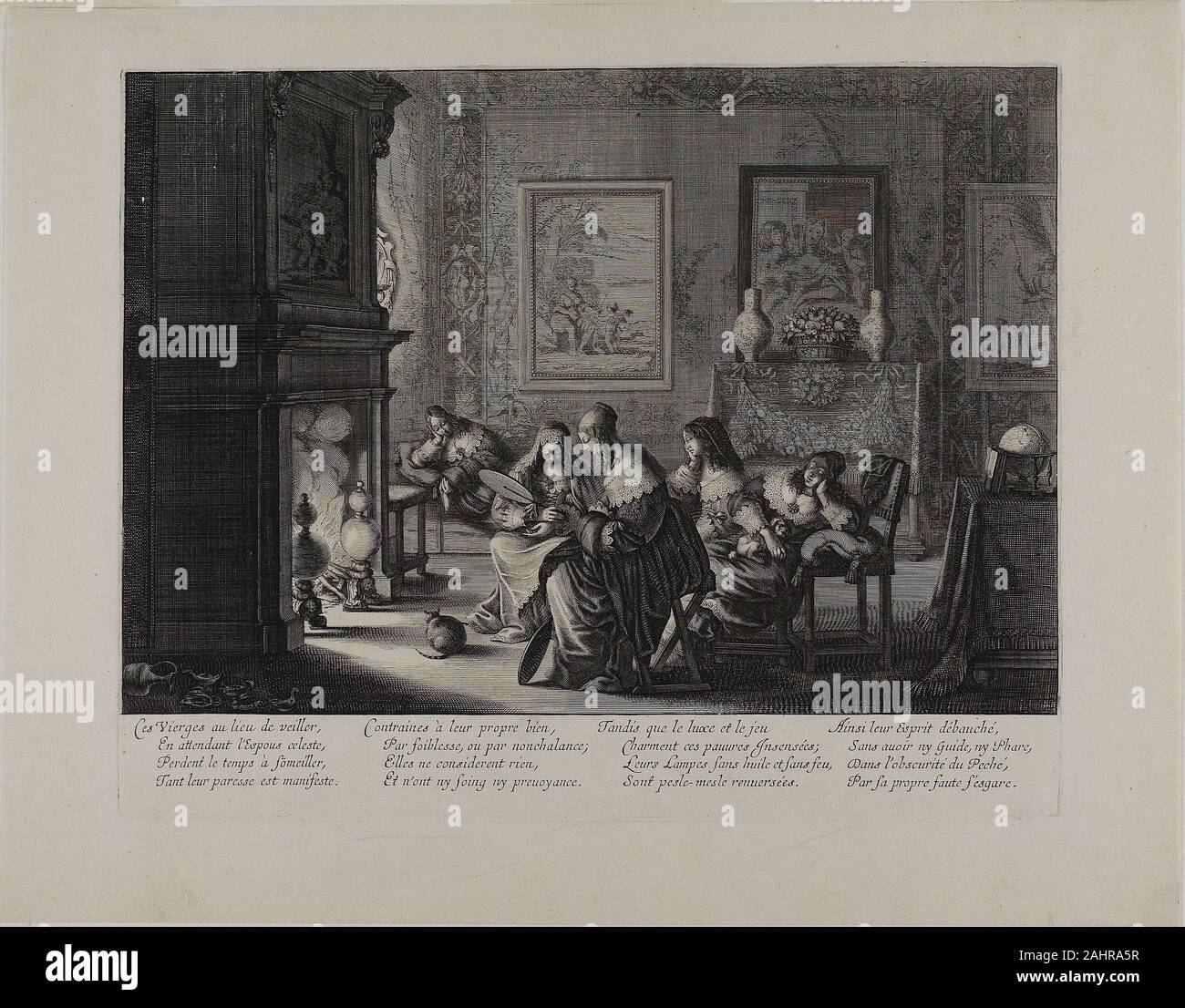 Abraham Bosse. La saggia e delle vergini stolte, piastra 5. 1635. La Francia. Incisione ed incisione su avorio carta vergata Abraham Bosse saggio e delle vergini stolte è una sincera evocazione delle gioie della domesticity. Questi doverosa e operosa donne incarnano la saggezza di moderazione dalla permanenza in casa mentre loro wilder, omologhi stolto eseguire amok all'esterno. Nel Nuovo Testamento la parabola che Bosse aggiornamenti, è solo il saggio vergini che sono invitati a una festa di nozze (e implicitamente in cielo), mentre le stolte, sono lasciati fuori al freddo graceless. Foto Stock
