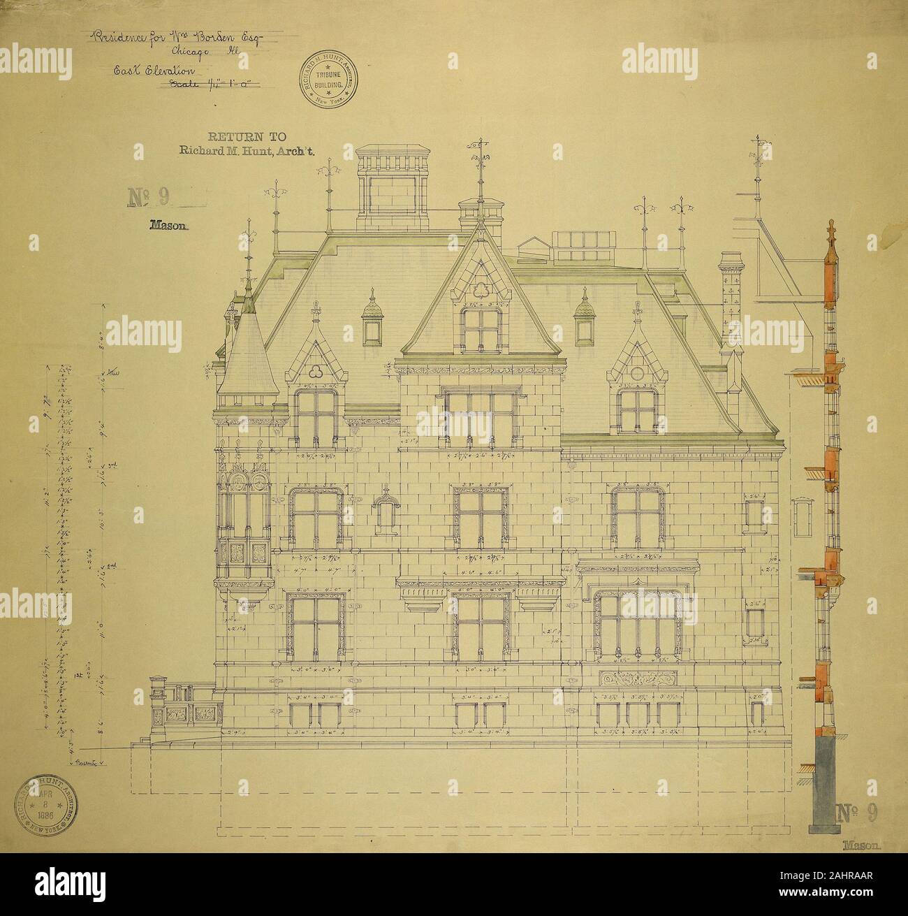 Richard Morris Hunt (architetto). William Borden Residence, Chicago, Illinois, a est di elevazione. 1886. Chicago. Acquerello su hectographic stampa, montato su lino Foto Stock