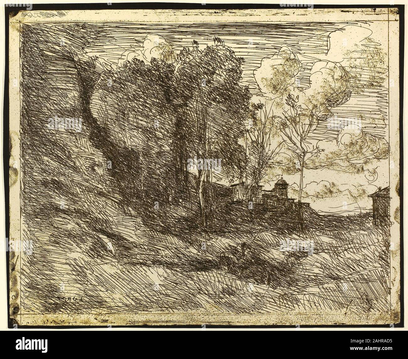 Jean Baptiste Camille Corot. Souvenir di Ostia. 1855. La Francia. Il cliché-verre in marrone su carta fotosensibile Foto Stock