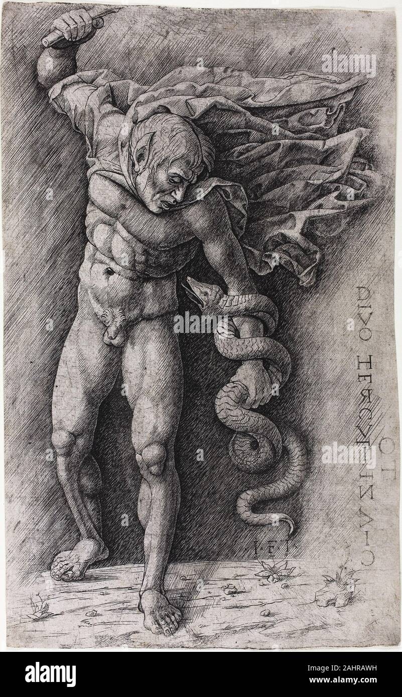 Scuola di Andrea Mantegna. Fauno attaccando un serpente. 1495-1505. L'Italia. Incisione in nero su avorio carta vergata questa incisione riproduce una penna e inchiostro disegno di Andrea Mantegna, ora conservata al British Museum e datato al periodo 1480/85. A causa dell'iscrizione, il soggetto è stato talvolta identificato come Ercole che uccide il Hydra, ma le orecchie appuntite della figura di identificarlo come un fauno. L'iscrizione può realmente fare riferimento a Ercole d'Este duca di Ferrara. Foto Stock