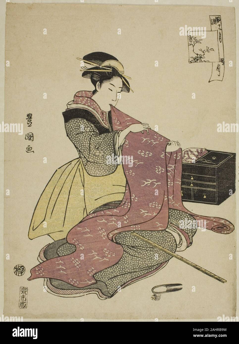 Utagawa Toyokuni I. il dodicesimo mese (Goku getsu), dalla serie di moda dodici mesi (Furyu junikagetsu). 1788-1798. Il Giappone. Colore stampa woodblock; chuban Foto Stock