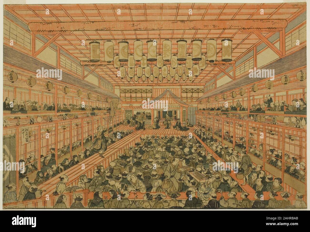 Utagawa Toyoharu. Immagine in prospettiva di un teatro Kabuki (uki-e Kabuki non shibai zu). 1771-1781. Il Giappone. Colore stampa woodblock; oban, rifilato Foto Stock