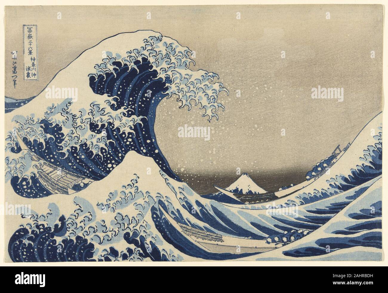 Katsushika Hokusai. Sotto l'onda off Kanagawa (Kanagawa oki nami ura), noto anche come la grande onda, dalla serie Thirty-Six vedute del Monte Fuji (Fugaku sanjurokkei). 1826-1836. Il Giappone. Colore stampa woodblock; oban Katsushika Hokusai è molto celebre serie, Thirty-Six vedute del Monte Fuji (Fugaku sanjûrokkei), fu iniziata nel 1830, quando l'artista era 70 anni. Questo tour-de-forza serie stabilita la popolarità delle stampe di paesaggio, che continua a questo giorno. Forse più sorprendente circa la serie è Hokusai è abbondante uso della nuova Berlino conveniente pigmento blu, presenti in molte delle Foto Stock