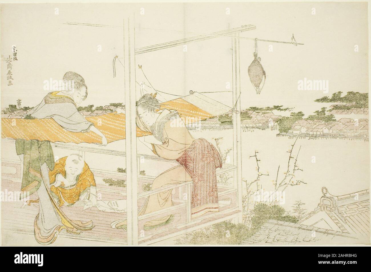 Katsushika Hokusai. Donne su una veranda panno stiro a secco. 1794-1804. Il Giappone. Colore stampa woodblock; surimono Foto Stock