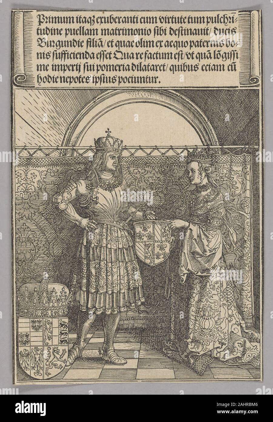 Albrecht Dürer. Massimiliano e Maria di Borgogna, piastra 2 dalla storica scene della vita dell'imperatore Massimiliano I dall'Arco Trionfale. 1515-1517. Germania. Xilografia in inchiostro nero sulla crema di latte di cui la carta Foto Stock