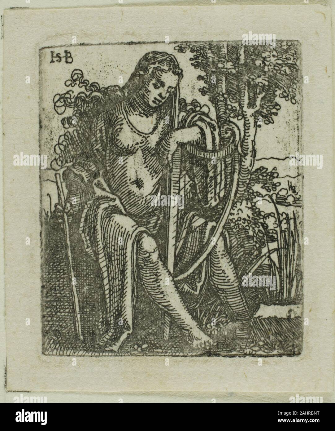 Hans Sebald Beham. Donna con un'arpa. 1520-1530. Germania. Attacco in nero su avorio carta vergata chi è questo arpista femmina, seduto solennemente in un paesaggio boscoso è lei una musa una dea solo una comune donna lo spettatore è lasciato a speculare, come non ci sono indizi sufficienti per sapere per certo. Hans Sebald Beham, a uno dei cosiddetti tedesco poco Master, prodotte stampe come questo che creano un senso di intimità attraverso la loro piccola scala e la vicinanza dei loro soggetti al piano dell'immagine. Questo attacco è anche minore di molte delle sue stampe, obbligando gli spettatori a venire vicino a osservare Foto Stock