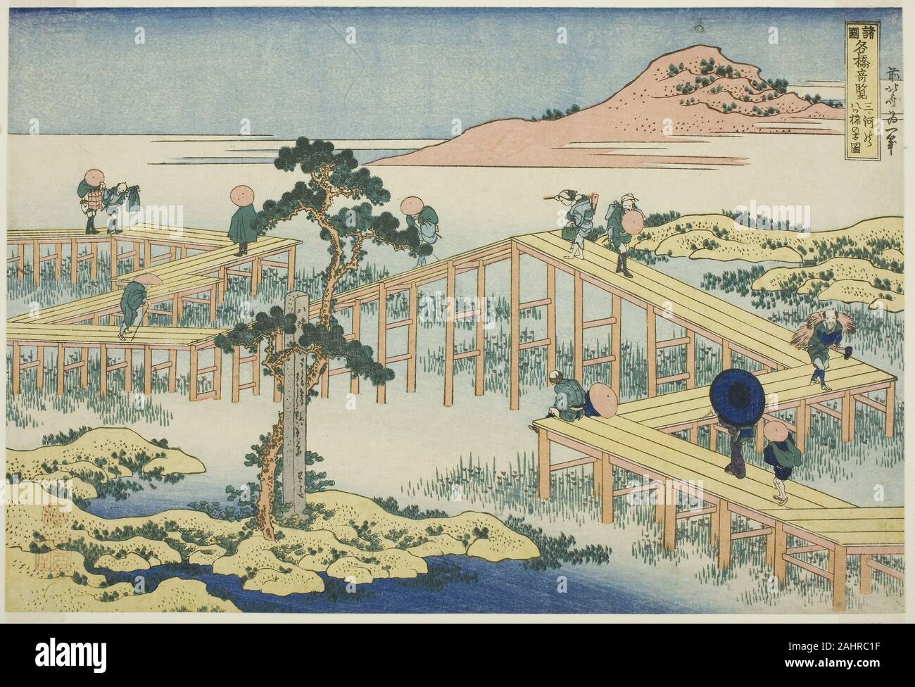 Katsushika Hokusai. Antica vista di otto-planked Bridge nella provincia di Mikawa (Mikawa Yatsuhashi no no kozu), dalla serie vedute insolite di famosi ponti in varie province (Shokoku meikyo kiran). 1828-1839. Il Giappone. Colore stampa woodblock; oban Foto Stock