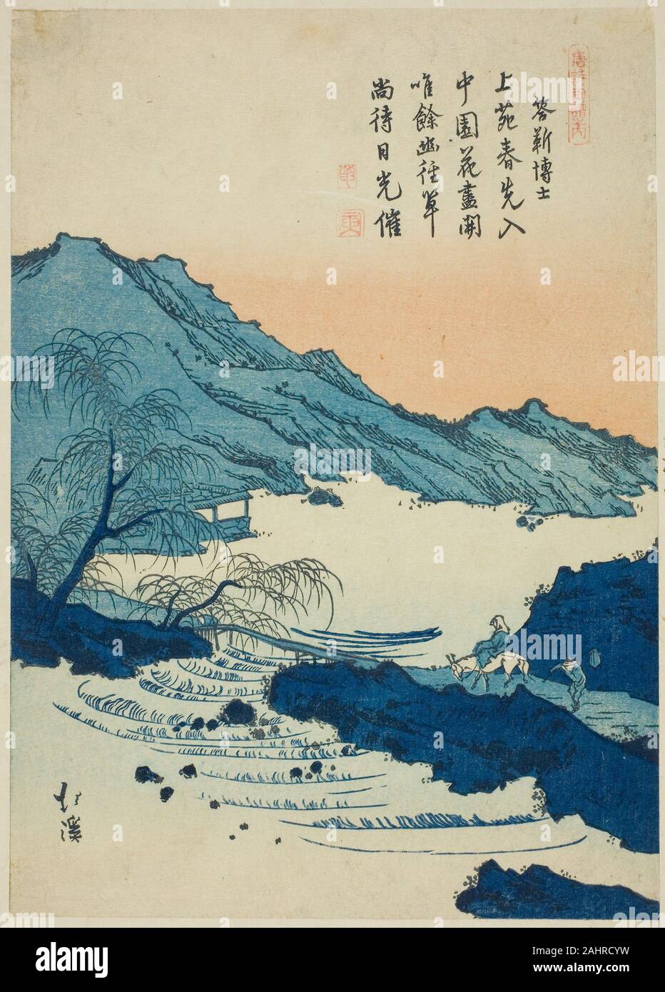 Totoya Hokkei. Illustrazione di un poema cinese, dalla serie foto libro di poesie cinesi (Toshi gafu no uchi). 1825-1849. Il Giappone. Colore stampa woodblock; chuban Foto Stock