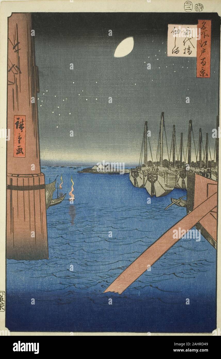 Utagawa Hiroshige. Vista Isola Tsukuda dal ponte Eitai (Eitaibashi Tsukudajima), dalla serie di un centinaio di famose vedute di Edo (Meisho Edo hyakkei). 1857. Il Giappone. Colore stampa woodblock; oban Foto Stock