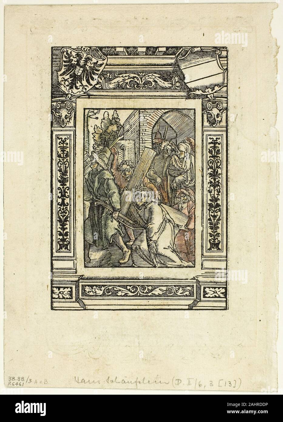 Hans Leonhard Schäuffelein. Cristo portacroce (recto) e la cornice decorativa (verso) da Das Leiden Jesu Christi, piastra 3 da xilografie da libri del XVI secolo. 1515. Germania. Silografia su carta Foto Stock