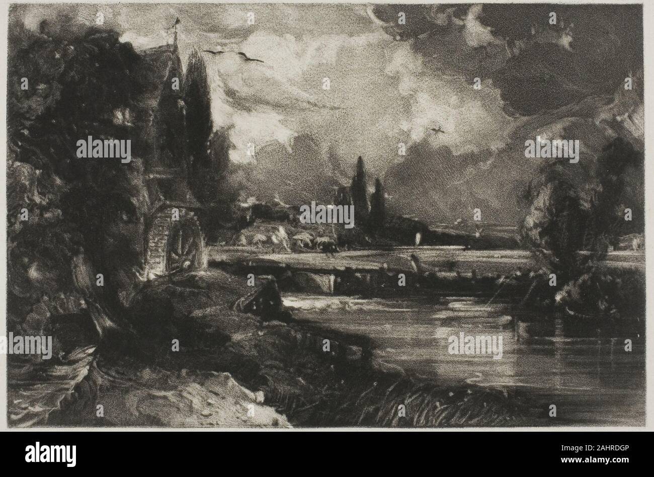 David Lucas. Un mulino, dal paesaggio inglese. 1830. In Inghilterra. Mezzatinta su off-white carta intessuta di un talento di mezzatinta incisore, David Lucas ha dedicato la sua carriera a riprodurre la pittura di paesaggio di John Constable. Nel processo di mezzatinta, tutta la piastra è irruvidita in modo da creare un campo scuro e poi brunita per portare le attrazioni. Fatto in bianco e nero, Lucas stampe sottolineano magistralmente il movimento e il gioco di luce in Constable le visioni del paesaggio inglese. Foto Stock