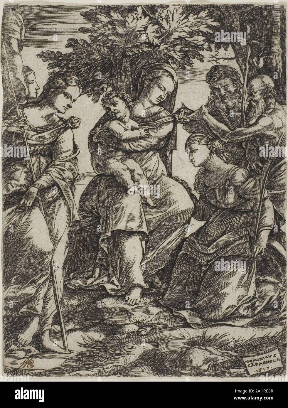 Domenico Campagnola. Madonna con Bambino e Santi. 1517. L'Italia. Incisione in nero su avorio di cui la carta Foto Stock