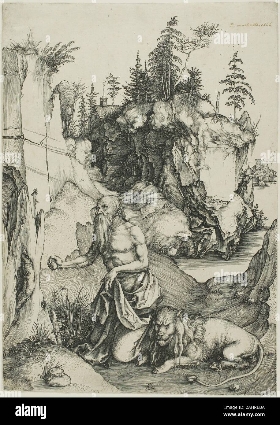 Albrecht Dürer. San Girolamo penitente nel deserto. 1492-1502. Germania. Incisione in bianco e nero in crema di latte di cui la carta Foto Stock