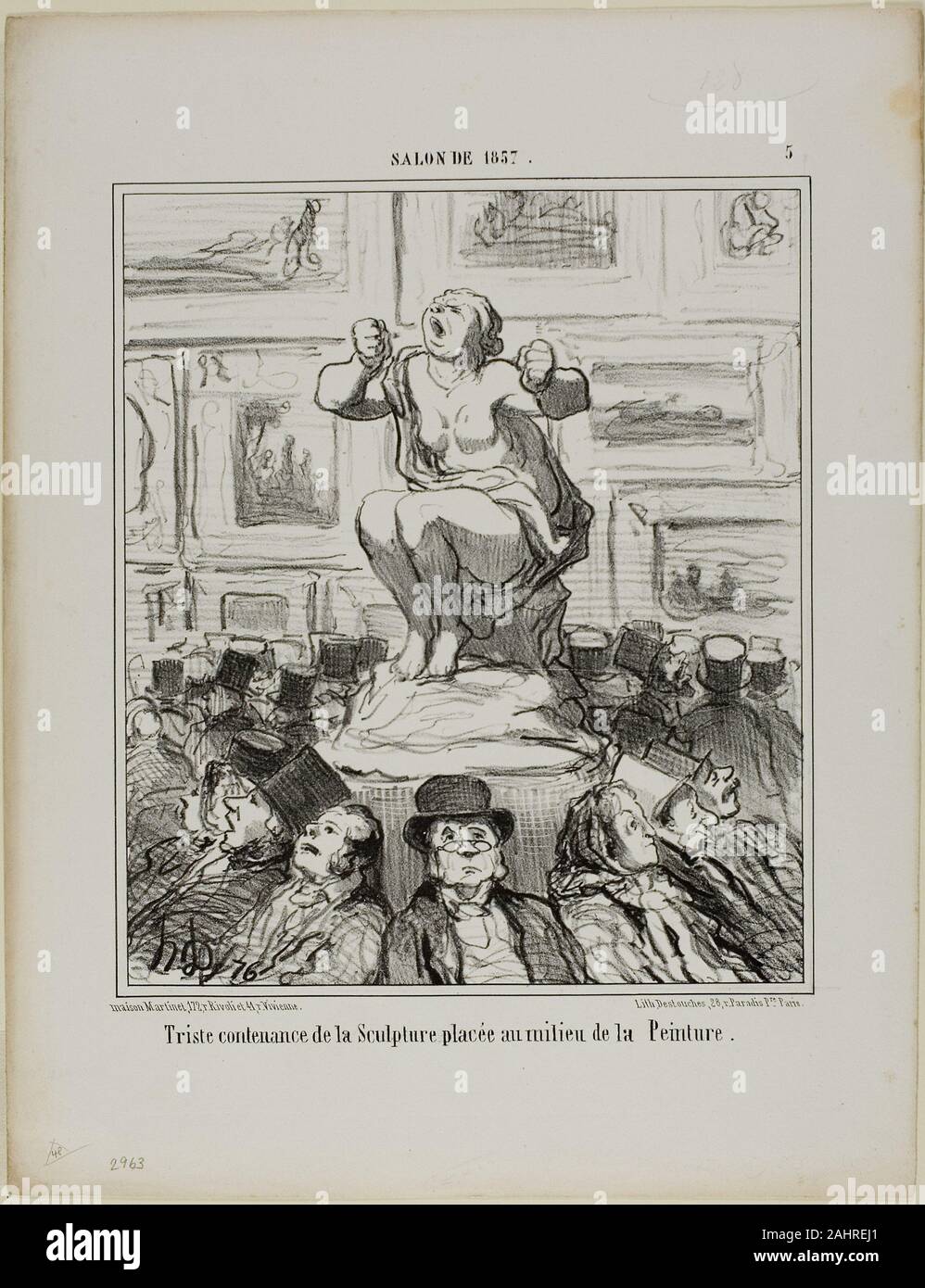 Daumier Honoré-Victorin. Il dispiacere di una scultura collocata al centro di una mostra di dipinti, piastra 5 da Salon de 1857. 1857. La Francia. Litografia in nero su bianco carta intessuta in questa litografia, Daumier lampooned la popolarità di dipinti nel salone annuale ponendo una scultura sopra le righe sulla cima di un divanetto rotondo nel centro di una galleria di pittura. Il numero totale di opere d'arte esposte al Salone era già oltre 5 mila entro questa data e dipinti erano appesi quasi dal pavimento al soffitto. Come risultato, la scultura nel mezzo della camera diventa effettivamente invisibile, Foto Stock