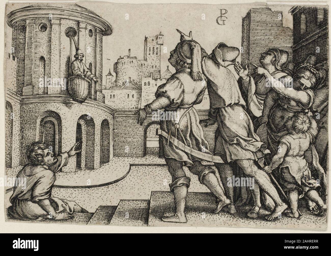 Georg Pencz. Virgilio sospeso in un cestello, copia. 1541-1600. Germania. Incisione in nero su avorio di cui la carta Foto Stock