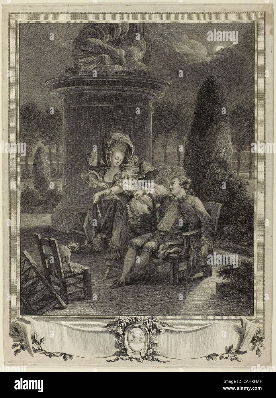 Jean Baptiste Blaise Simonet. La Soiree des Thuileries. 1762-1813. La Francia. Attacco sulla crema di latte di cui carta il prolifico printmaker riproduttiva Jean Baptiste Blaise Simonet frequentemente inciso dipinti di Pierre Antoine Baudouin. Questa confezione schiumoso manca Baudouin di colori pastello e smalti di reticella metallica, ma sostituisce un senso etereo di moonlight. Due amanti elegante condividere un sapere a colpo d'occhio e un assaggio di pelle-su una panchina nel parco parzialmente nascosto dietro una colonna monumentale. Questo primo stato di Simonet's stampa manca di un titolo o di una firma, ma il giovane elegante luogo di incontro è specificato nel fina Foto Stock