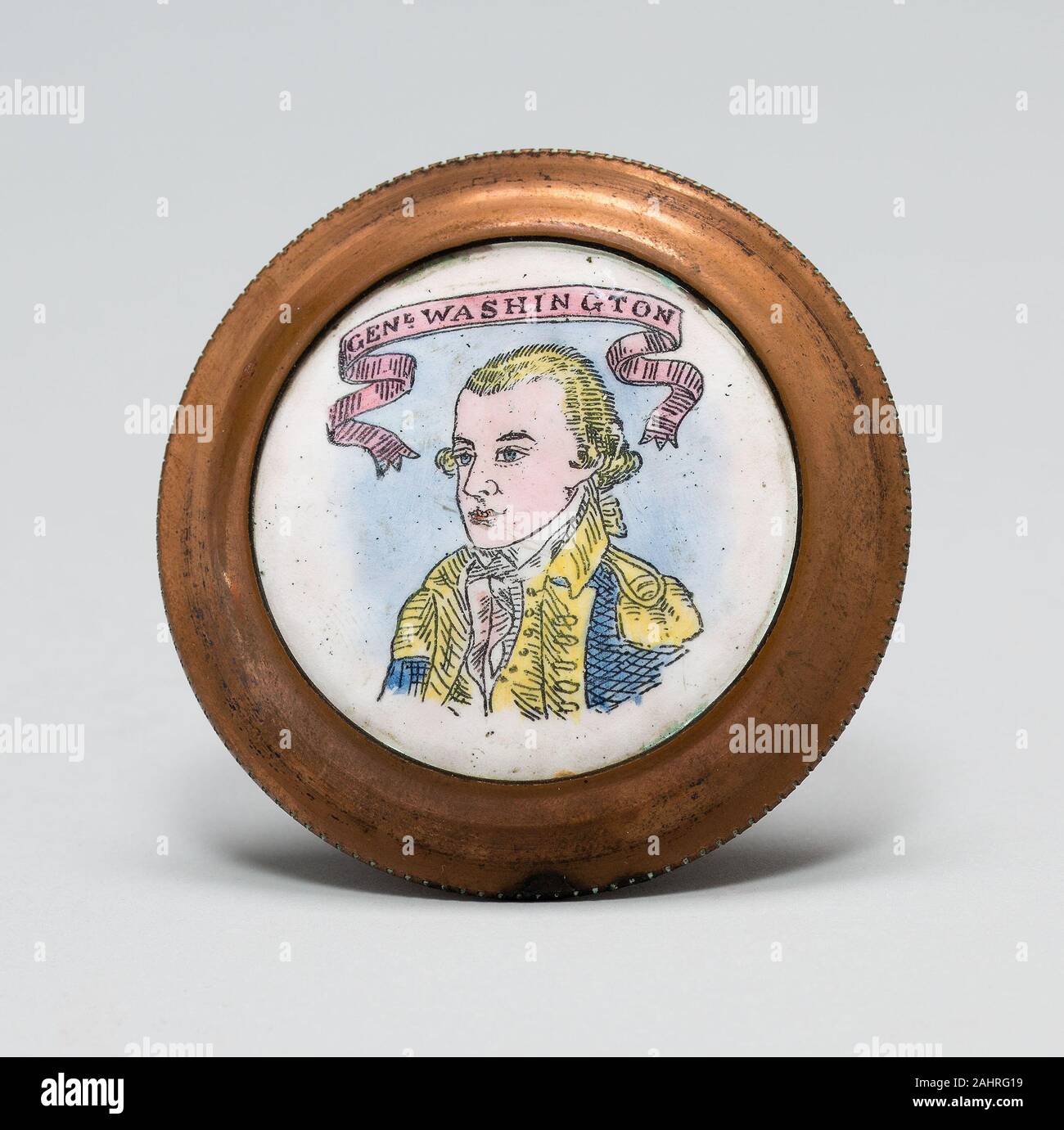 Mantello Pin (manopola o Tieback). 1775-1785. In Inghilterra. Trasferimento stampato e Polychrome smalti su rame, ottone Foto Stock