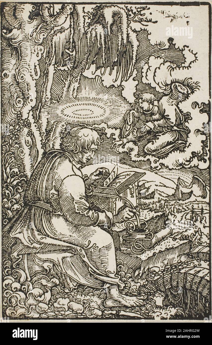 Georg Lemberger. San Matteo, dalla Bibbia di Lutero. 1501-1600. Germania. Xilografia in nero su avorio carta vergata Lemberger studiato con Albrecht Altdorfer, un eminente membro della Scuola del Danubio; questa prova impressione di una illustrazione per un libro dalla prima parte di Martin Lutero di traduzione in tedesco del Nuovo Testamento aderisce alla scuola del stile di selvaggio e alberi intrecciati, drammatici effetti di luce del sole, e visionario nuvole. Il santo alone luminoso si libra sopra la sua testa come egli studiously inscrive il suo Vangelo in un grande tome mentre un operatore angelo emerge dalla cloudburst. E ancora la naturale Foto Stock