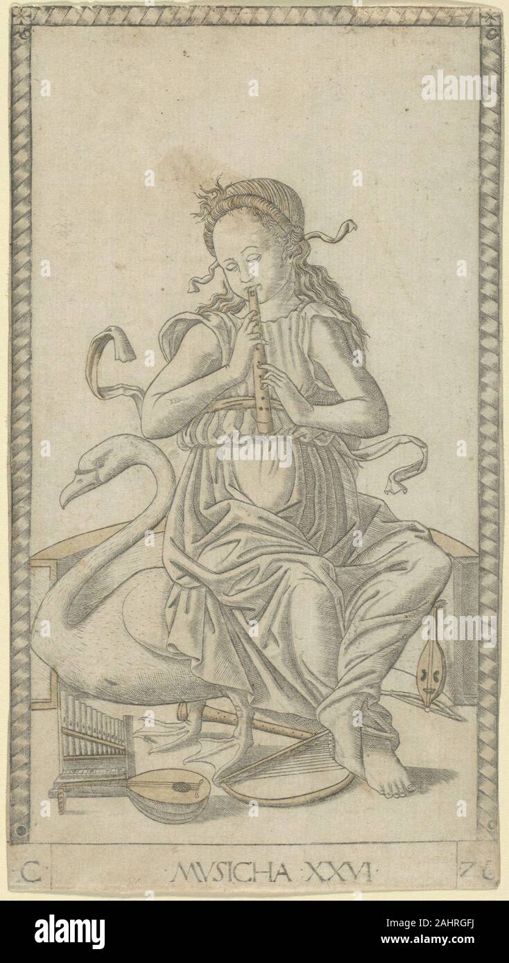 Master della serie E-Tarocchi. Musica, piastra 26 da Arti e Scienze. 1460-1470. L'Italia. Incisione, con spazzola e luce gialla di lavaggio metallico, su avorio di cui carta del mazzo di cinquanta cosiddetti Tarocchi non sono i tarocchi nel moderno, fortune-telling senso, né erano destinati come carte da gioco. Nessun taglio-fuori impressioni montato per il gioco sono noti, e con la mancanza di abiti e numeri di un normale ponte. Invece, questi finemente incisi allegorie didattica sono raggruppati in cinque ranghi numerati che descrivono il funzionamento delle sfere di uomo, il Muse, le arti liberali, il cosmo e i cieli in o Foto Stock