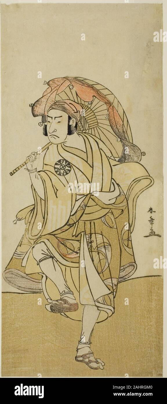Katsukawa Shunsho. L'attore Nakamura Nakazo I come Onmaya Kisanda dissimulata come il leone Kakubei ballerino nella Play Chigo Torii Tobiiri Kitsune, eseguita presso il Teatro Ichimura nell'undicesimo mese, 1777. 1772-1782. Il Giappone. Colore stampa woodblock; hosoban; uno foglio di un quattro-composizione del foglio Foto Stock