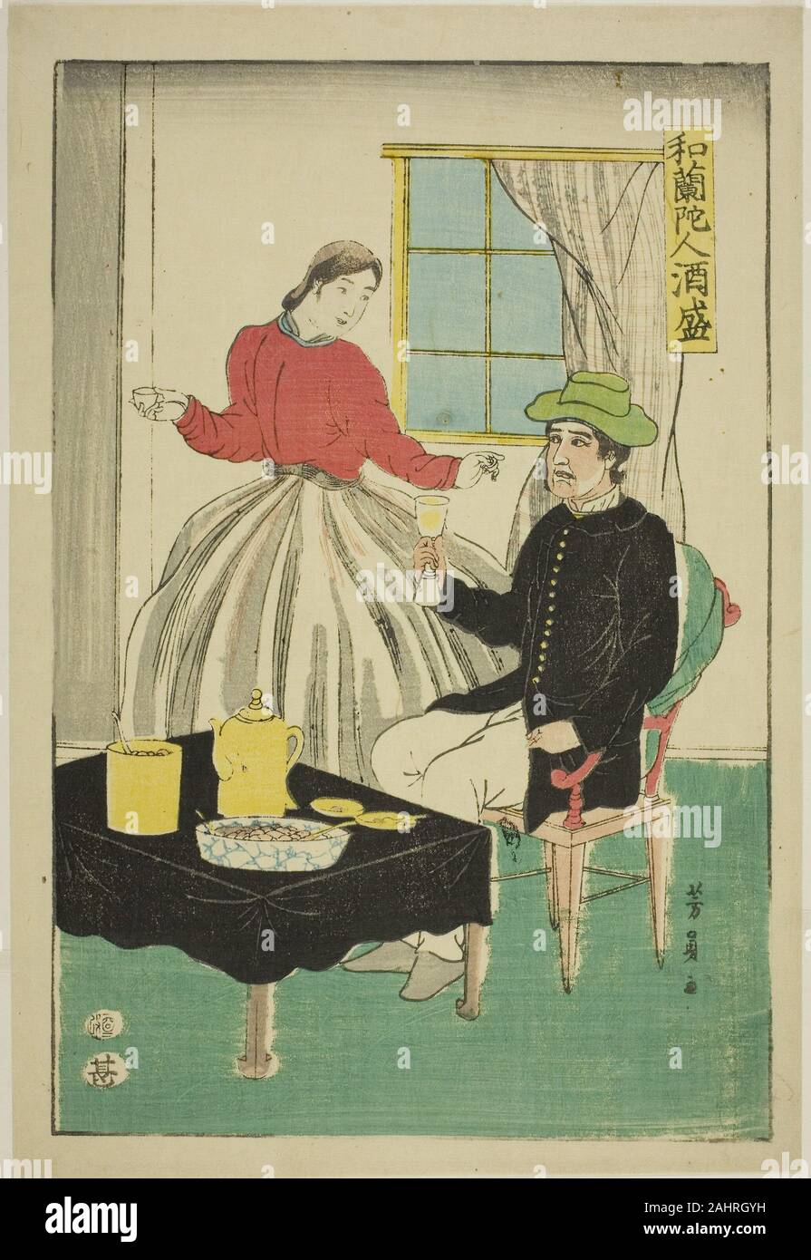 Utagawa Yoshikazu. Coppia olandese bere il vino (Orandajin sakamori). 1861. Il Giappone. Colore stampa woodblock Foto Stock