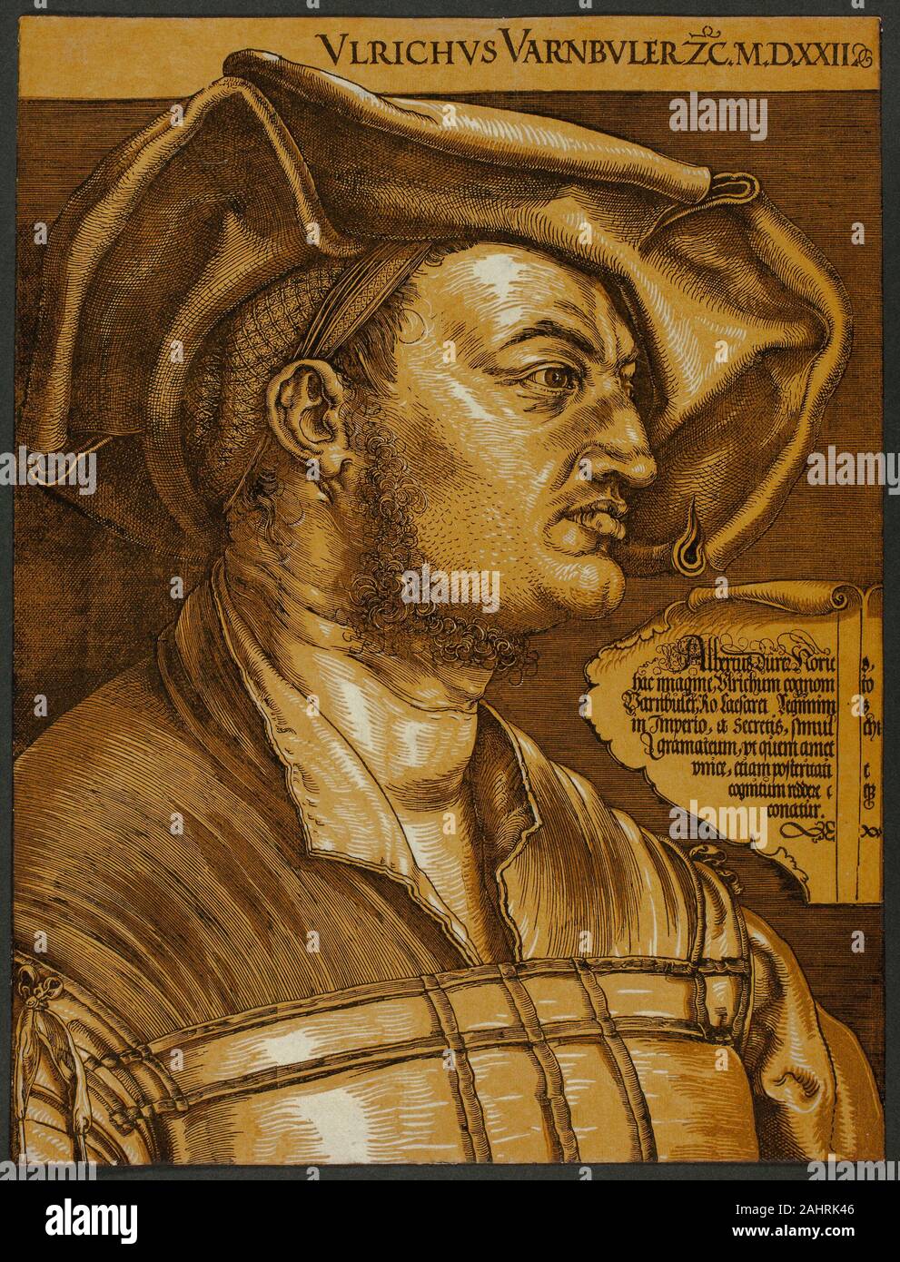 Albrecht Dürer. Ulrich Varnbüler. 1522. Germania. Xilografia in nero su avorio carta vergata con aggiunta di marrone e tonalità seppia blocchi per questo lavoro, Albrecht Dürer prodotta un disegno del suo sitter dalla vita, più tardi che si trasforma in una drammatica in bianco e nero la xilografia. Quasi un secolo più tardi, lo stesso blocco è stato ristampato in Olanda con due ulteriori blocchi di tono per aggiungere colore e aumentare la qualità scultorea dell'immagine. Una moda per disegni in chiaroscuro (che includono accresciuto contrasti di luce e buio) in colori complementari probabilmente influenzato questa scelta, come il fatto che il Foto Stock