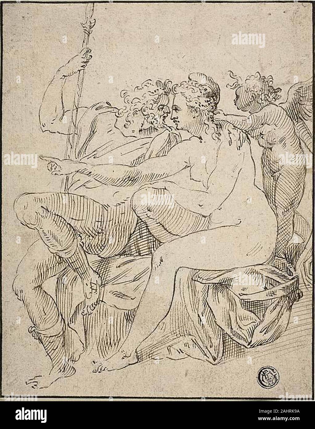 Stile di Frans Floris, I. Venere, Marte e Cupido. 1536-1603. Le Fiandre. Penna e inchiostro bruno su tracce di gesso nero, su buff di cui la carta Foto Stock