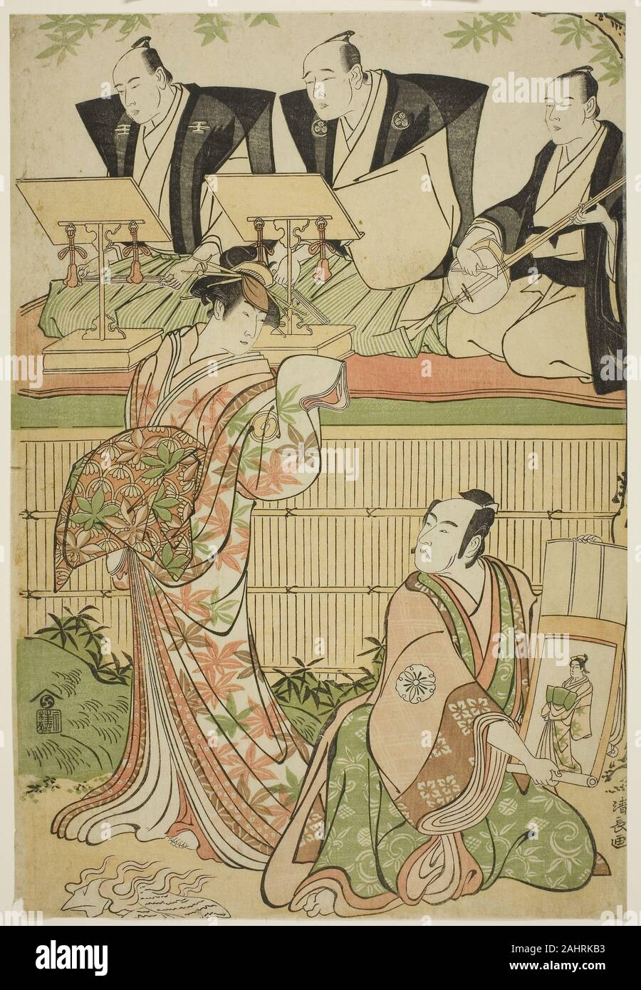 Torii Kiyonaga. Gli attori Matsumoto Koshiro IV come Ukita Sakingo e Sawamura Sojuro III come il fantasma della cortigiana Takao, nel gioco Ominaeshi Sugata no Hatsuaki, eseguita presso il Teatro Nakamura, 1788. 1788. Il Giappone. Colore stampa woodblock; oban Foto Stock