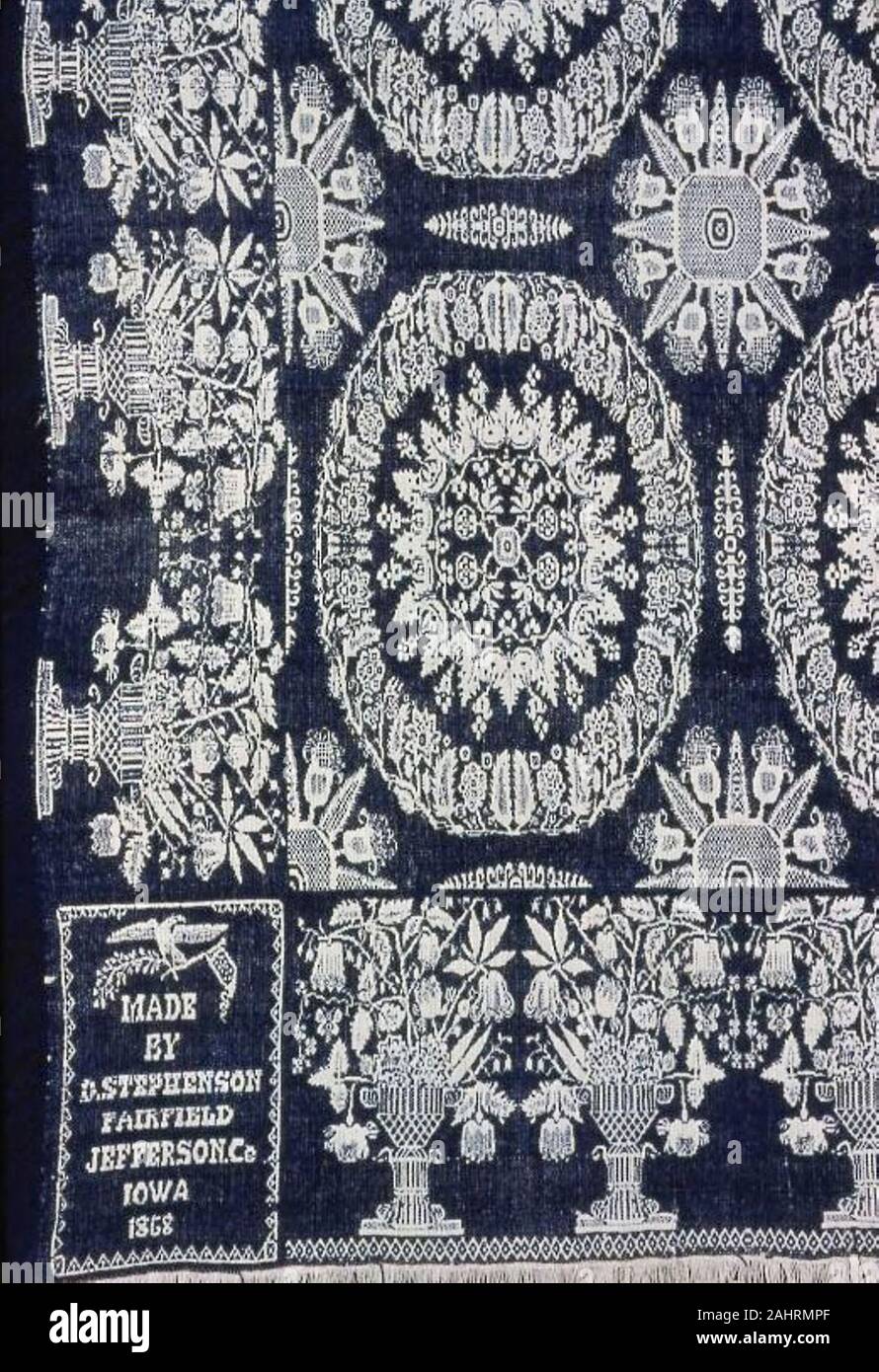 Daniel Stephenson (Weaver). Coverlet. 1868. Stati Uniti. Cotone e lana, ad armatura a tela piana con intrecci di legame secondario orditi e complementare di trame di modellazione; principali fili di ordito e fili di ordito supplementare della frangia (legata a doppio telo; Biederwand); tessuto su telaio con attacco Jacquard Foto Stock