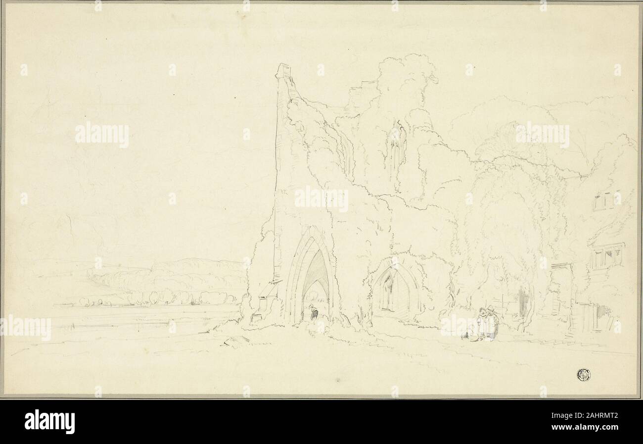 Cornelius Varley. Paesaggio con rovine gotiche. 1800-1899. Regno Unito. Grafite su avorio carta vergata, fissate sul bordo grigio Foto Stock