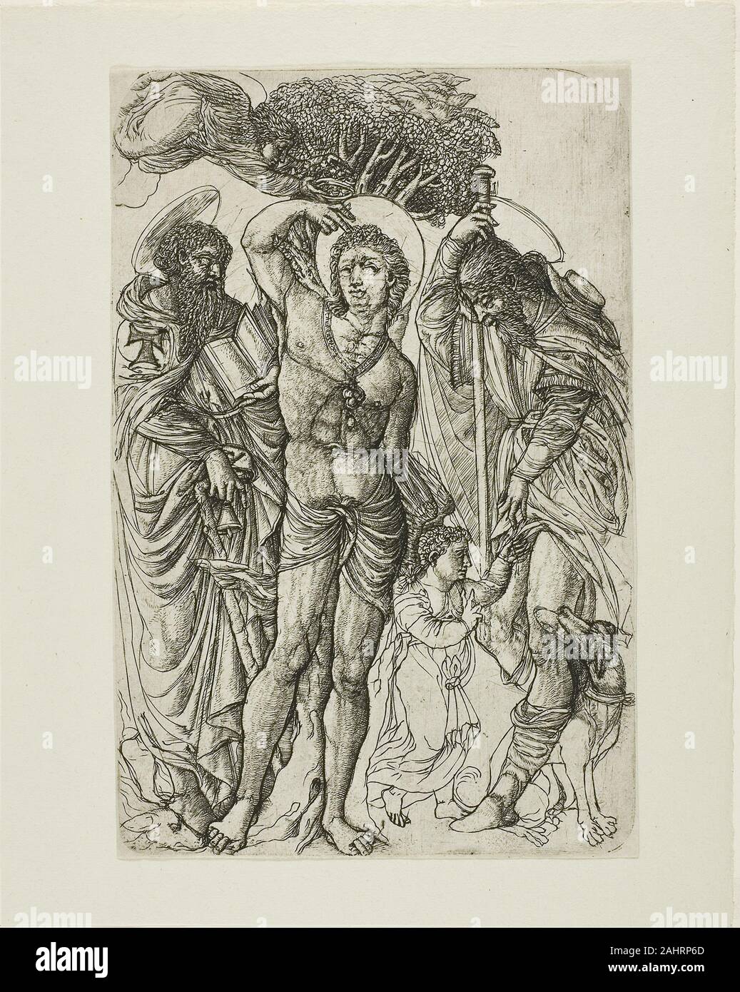 Jean Piumino. San Sebastiano, San Antonio e San Rocco. 1550-1555. La Francia. Incisione in nero su buff di cui la carta ci sono alcune impressioni di questa rara, incompiuto incisione di Jean Piumino, un lavoratore metalmeccanico di Digione e Langres che ha servito come royal orafo entrambi François I e Henri II. L'artista probabilmente reso questa raffigurazione dei tre santi protettori della peste di offrire speranza durante una pandemia a spazzare la Francia orientale. Nel centro di Forefront San Sebastian, solitamente raffigurato con molteplici lacerazioni da frecce, è mostrato senza ferite visibili. Saint Roch, sulla destra con il cane che Foto Stock