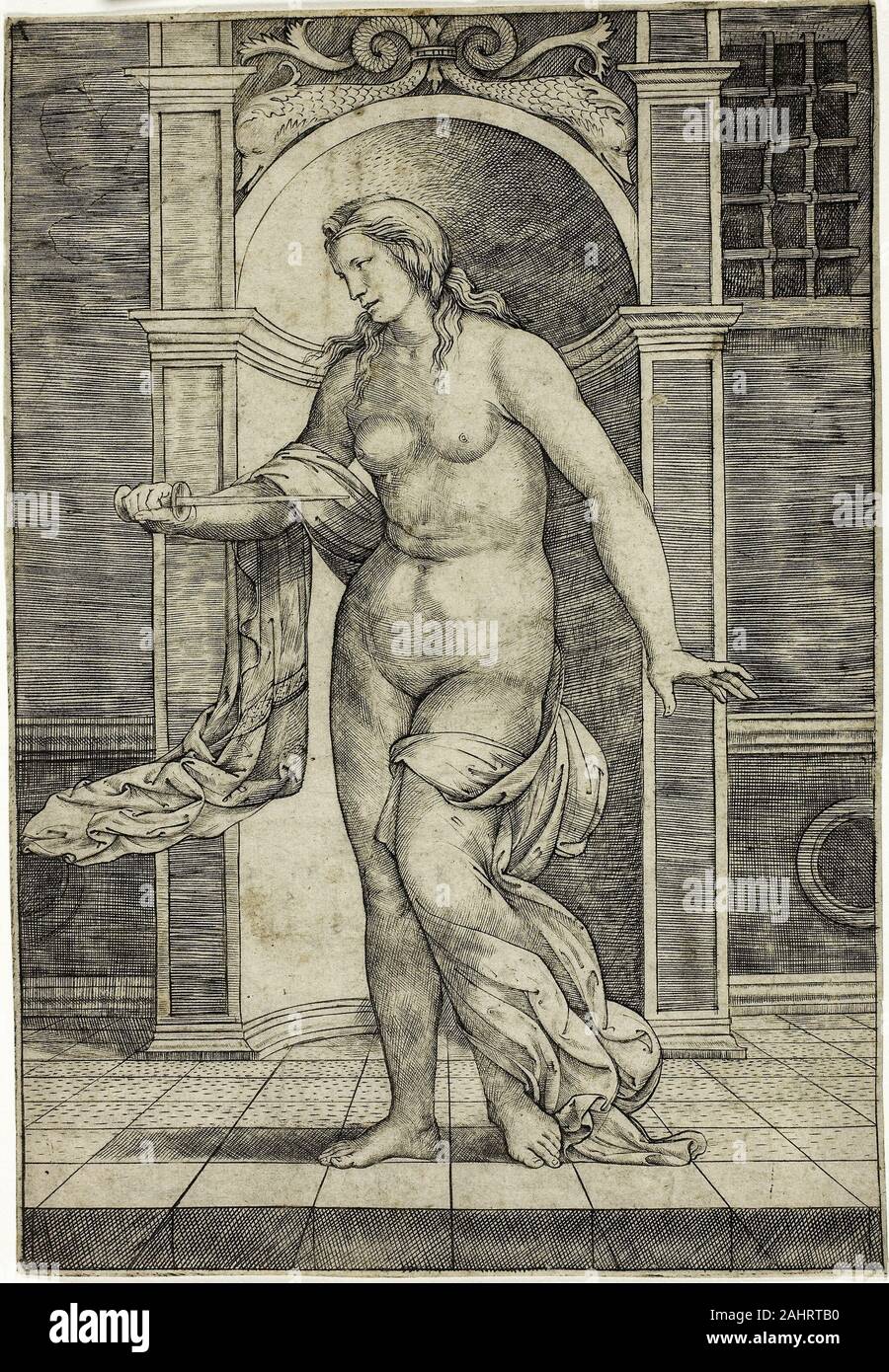 Jacopo Francia. Lucrezia. 1506-1540. L'Italia. Incisione in nero su avorio carta vergata Lucretia fu un famoso aristocratico romano che ha ucciso se stessa intorno al 510 a.c. dopo essere stata violentata da Sesto Tarquinio, figlio del re di Roma, il tirannico Lucio Tarquinio Superbus. Secondo folklore romano, Lucretia's destino innescata la ribellione guidata da suo marito, che rovesciò la monarchia e stabilita la Repubblica Romana. Foto Stock