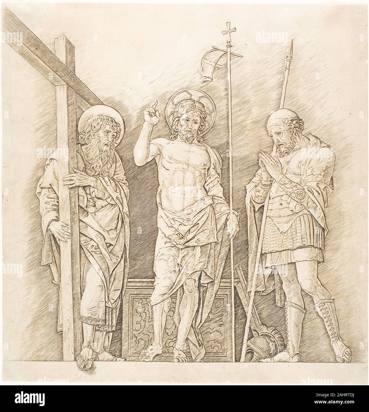 Andrea Mantegna. Il Cristo risorto tra i santi Andrea e Longino. 1467-1477. L'Italia. Incisione su carta Foto Stock