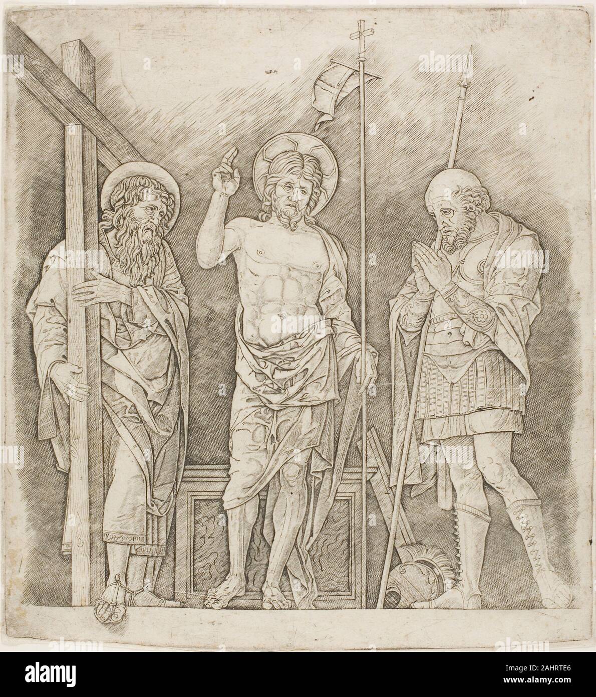 Andrea Mantegna. Cristo risorto tra i santi Andrea e Longino. 1467-1477. L'Italia. Incisione su carta Foto Stock
