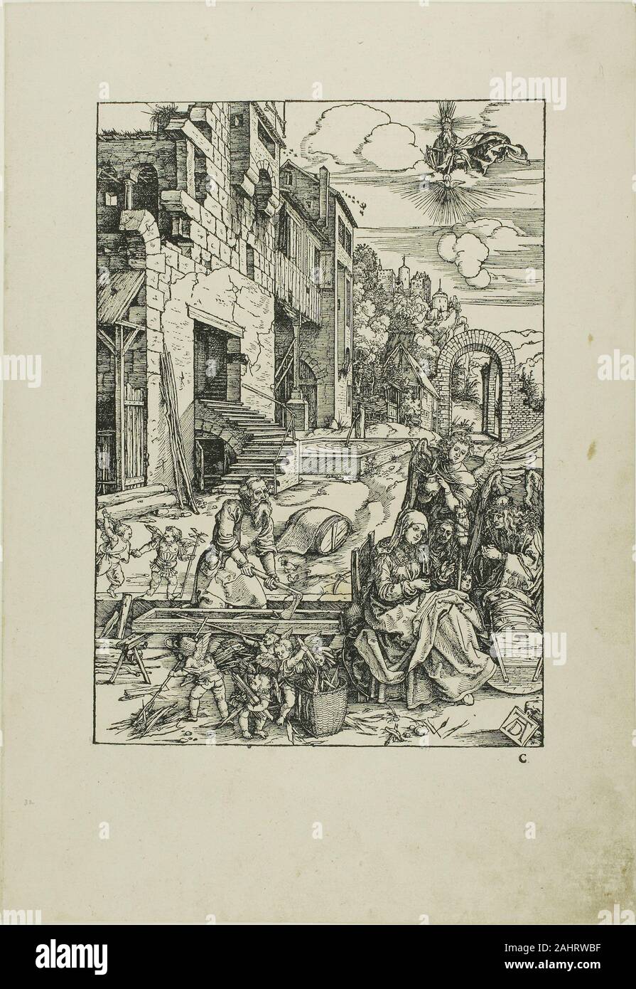 Albrecht Dürer. La Sacra Famiglia in Egitto, dalla vita della Vergine. 1502. Germania. Xilografia in nero su avorio carta vergata, decolorata a grigio Foto Stock
