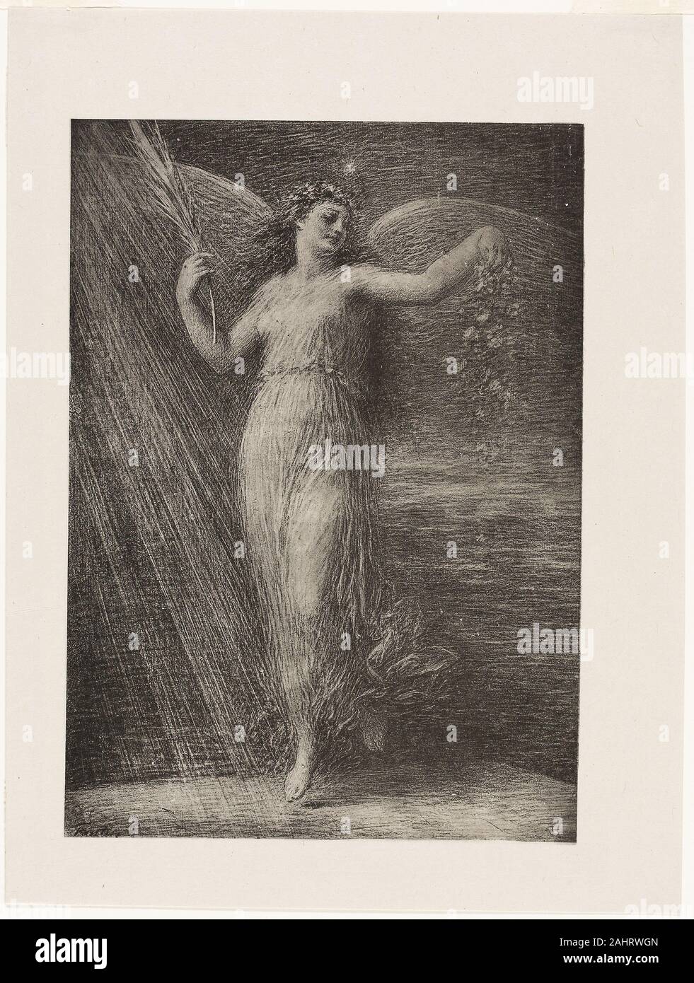 Henri Fantin-Latour. Réveil. 1886. La Francia. Litografia in nero con raschiatura sulla pietra sul grigio-avorio di cui la Cina carta con brushmarks visibile in questa composizione la figura alata di Gloria scende da un cielo stellato. Essa detiene una foglia di palma, spesso associato con il martirio e di grandezza in una mano e piccoli fiori il flusso in uscita dell'altro. In altre versioni di questa stampa Fantin rende omaggio a Richard Wagner includendo il nome del compositore su una lastra tombale Gloria sotto i piedi. Una tale immagine suggerisce il compositore immortalità ottenuta attraverso la sua magistrale, enduring composizioni. Foto Stock
