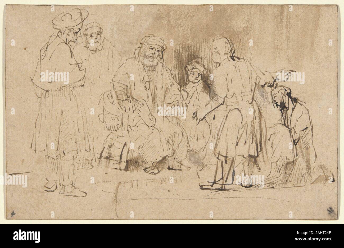 Aert De Gelder. Giacobbe mostrato Giuseppe cappotto Blood-Stained. 1655-1665. Paesi Bassi. Penna e inchiostro bruno, con spazzola e lavaggio marrone con tocchi di bianco opaco, acquerello su buff carta vergata, stabilite su avorio carta vergata Aert de Gelder ha studiato con Rembrandt nell' ultimo decennio del maestro della vita e portato alla sua tradizione nel XVIII secolo. In De Gelder il trattamento di questo tema, così come nel suo stile di disegno, il giovane artista mostra qui una preferenza per il rapido, sommario approccio alla narrazione biblica che è stata favorita da Rembrandt stesso. Foto Stock