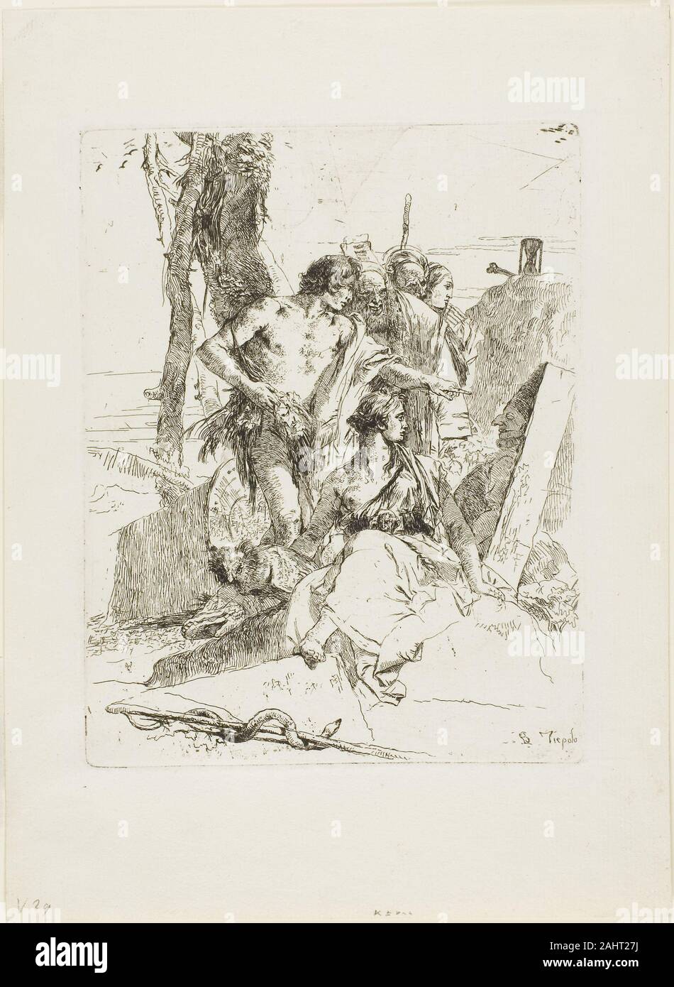 Giambattista Tiepolo. La scoperta della tomba di Punchinello, da scherzi. 1735-1740. L'Italia. Attacco stampati in nero su carta Foto Stock