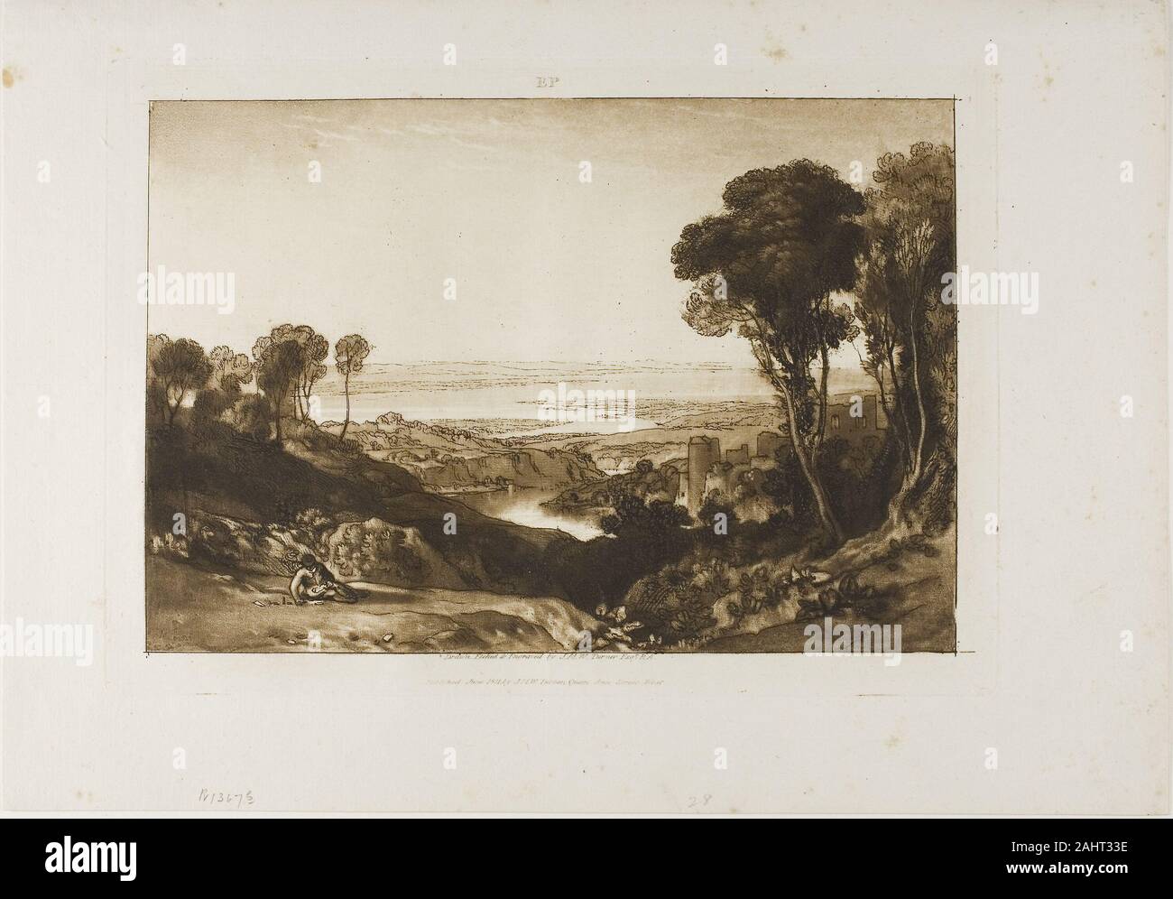 Joseph Mallord William Turner. Giunzione della Severn e di Wye, la piastra 28 dal Liber Studiorum. 1811. In Inghilterra. Incisione e incisioni su carta avorio Foto Stock