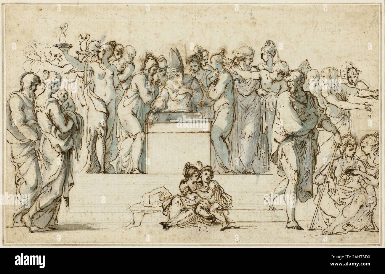 Seguace del Parmigianino. Il Matrimonio della Vergine. 1573-1577. L'Italia. Penna e inchiostro bruno con pennello e lavaggio blu, corretto con tocchi di bianco di piombo (parzialmente ossidato), oltre gesso nero, la crema di cui carta, stabilite su avorio carta intessuta di Parmigianino di assimilazione di Raffaello e la scuola romana è stata molto influente per la prossima generazione di disegnatori manierista. Questo grande e imponente foglio, una volta si pensava che fosse di Parmigianino stesso, è liberamente derivata da un disegno da lui nella Ecole des Beaux-Arts a Parigi, che si affida pesantemente su di Raffaello gli affreschi del Vaticano. Foto Stock Seguace del Parmigianino. Il Matrimonio della Vergine. 1573-1577. L'Italia. Penna e inchiostro bruno con pennello e lavaggio blu, corretto con tocchi di bianco di piombo (parzialmente ossidato), oltre gesso nero, la crema di cui carta, stabilite su avorio carta intessuta di Parmigianino di assimilazione di Raffaello e la scuola romana è stata molto influente per la prossima generazione di disegnatori manierista. Questo grande e imponente foglio, una volta si pensava che fosse di Parmigianino stesso, è liberamente derivata da un disegno da lui nella Ecole des Beaux-Arts a Parigi, che si affida pesantemente su di Raffaello gli affreschi del Vaticano. Foto Stock