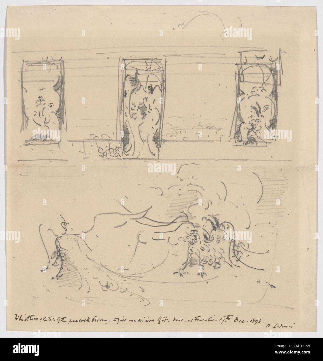 James McNeill Whistler. Schizzo della Camera del Pavone. 1898. Stati Uniti. Grafite (recto) crema su carta intessuta con il testo stampato in inchiostro nero (verso) Foto Stock