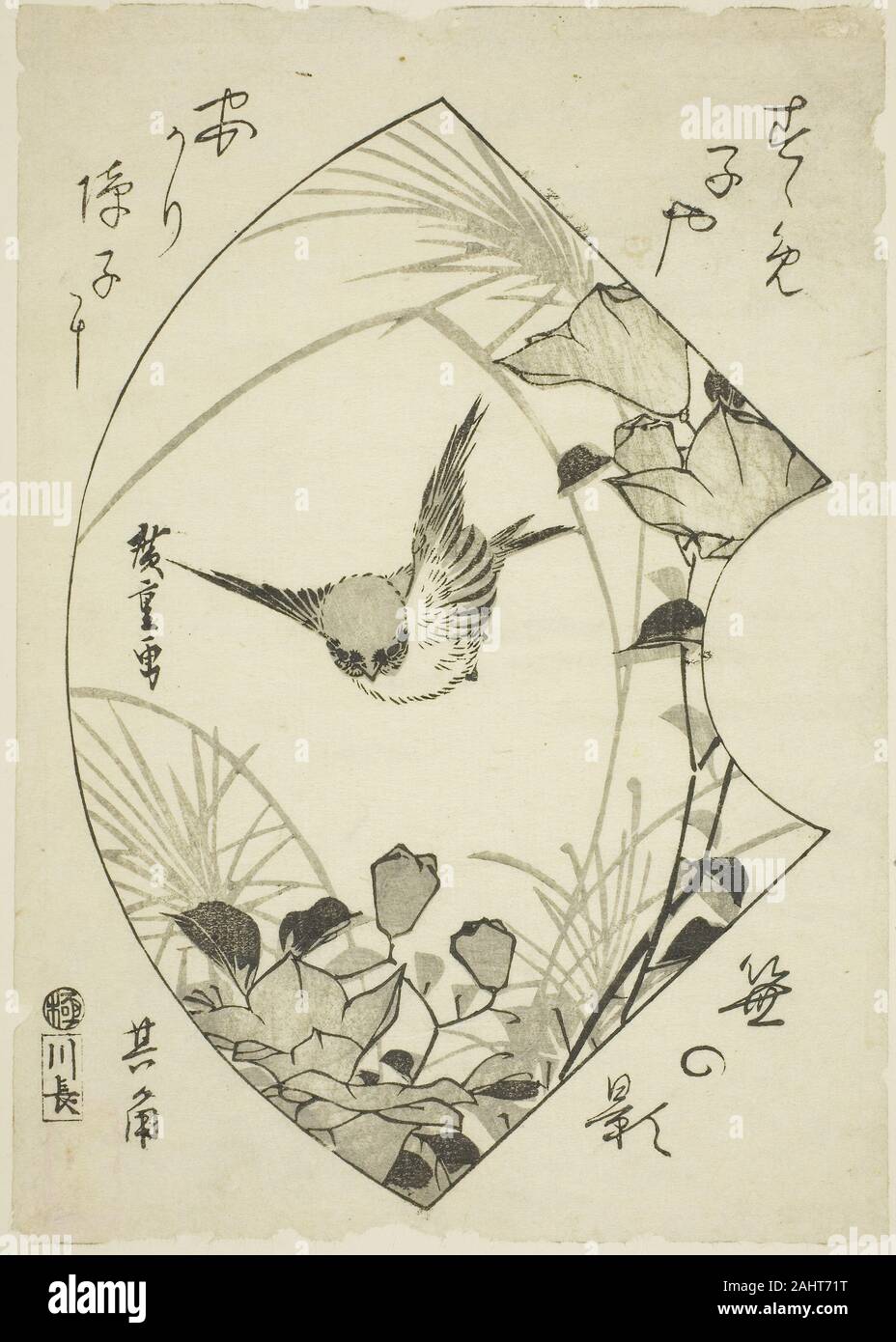 Utagawa Hiroshige. Fiore di autunno e Sparrow. 1830-1840. Il Giappone. Woodblock stampa; koban interamente stampato in tonalità di grigio e nero, questa immagine è in un a ventaglio formato (ogigata) con una poesia nel margine circostante. Foto Stock