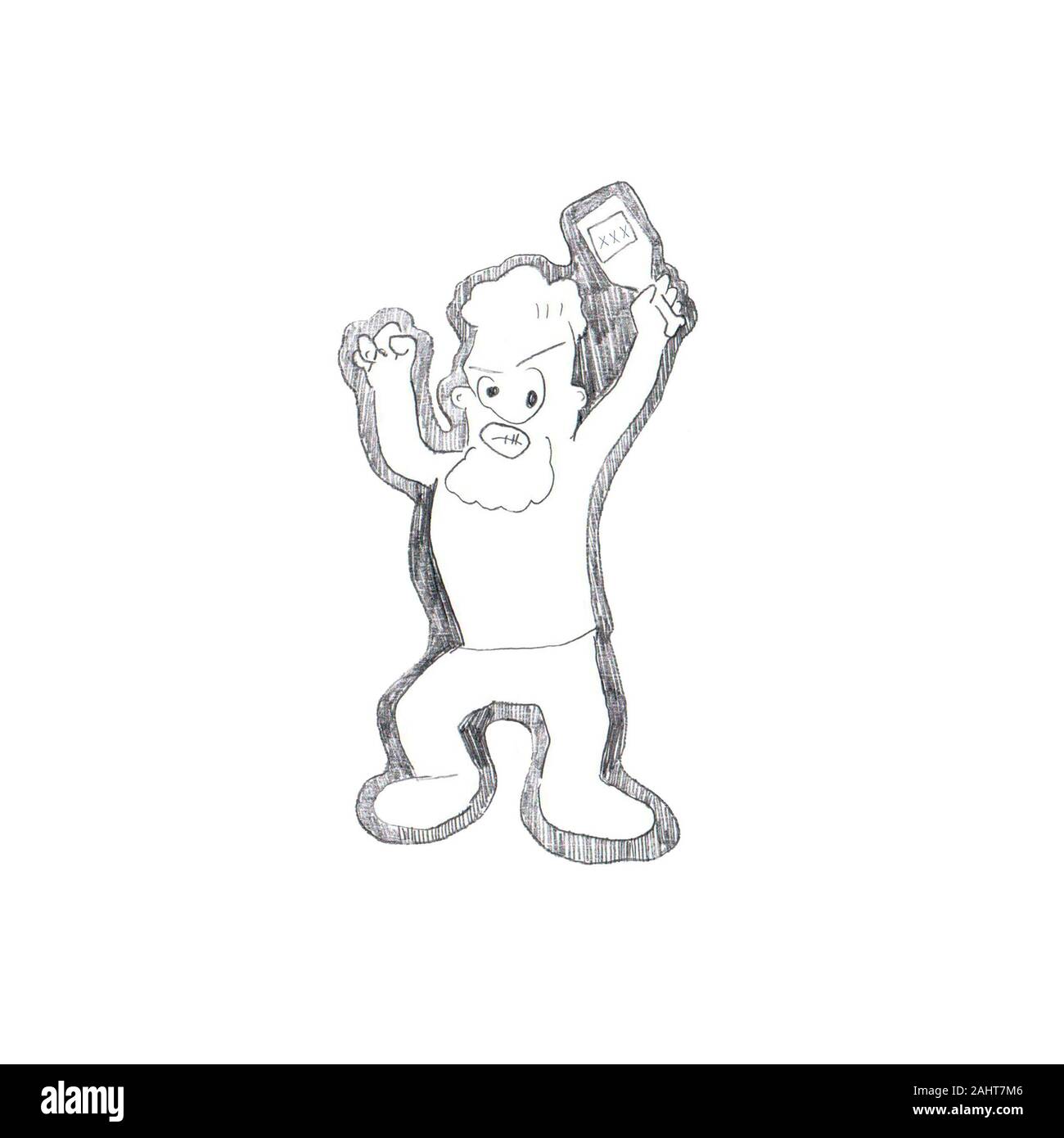 Ubriaco angry man con una bottiglia di alcool, comportamento antisociale illustrazione del disegno a mano. Foto Stock