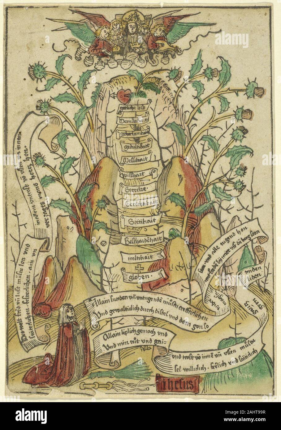 Artista sconosciuto. La via della salvezza. 1485-1495. Germania. Xilografia in nero colorate a mano con pennello e acquerello su crema di latte di cui carta, fissate sulla crema di latte di cui carta una coppia di stampe da lati opposti delle Alpi dimostra la capacità didattica di incisione devozionale. Entrambe raffigurano una montagna sacra che l anima deve salire verso il cielo. In Baccio Baldini estremamente precoce libro inciso illustrazione di una scaletta Italianamente di virtù, un monaco ascende con successo, mentre una moda giovane uomo è trascinato via da un demone in rappresentanza di piaceri mondani. La sua thistle-laden counterp tedesco Foto Stock