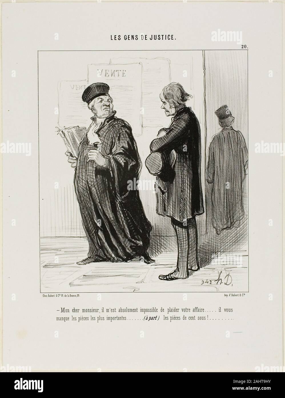 Daumier Honoré-Victorin. "Mio caro uomo... è davvero impossibile per me prendere sul tuo caso.... vi manca il pezzo più importante delle prove.... (Distanza) il denaro per pagare le mie tasse", piastra 20 da Les Gens De la giustizia. 1846. La Francia. Litografia in nero su bianco carta intessuta Foto Stock