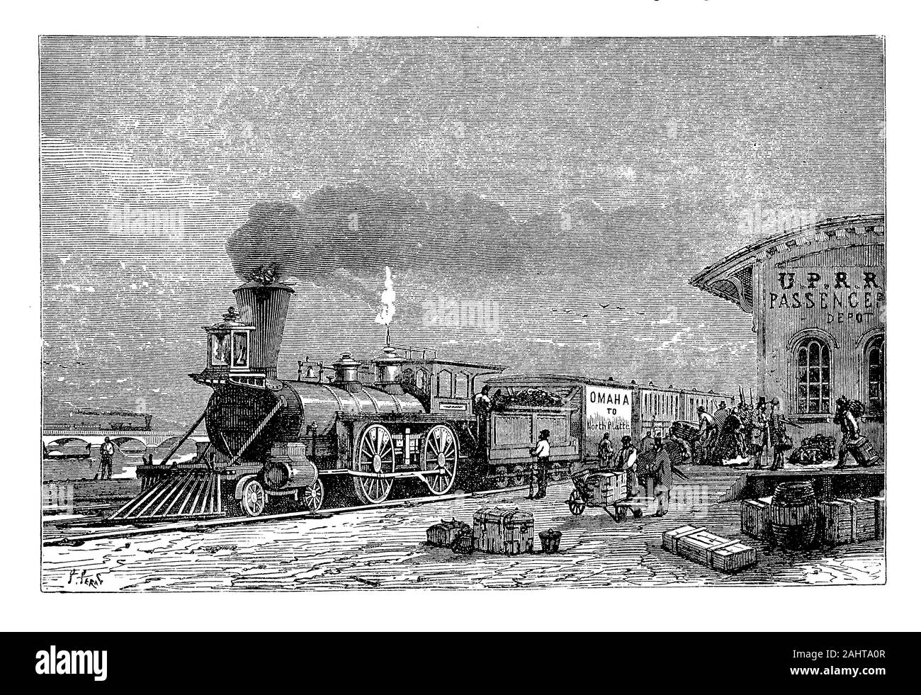 Treno della Central Pacific Railroad con partenza dalla stazione di Omaha, in Nebraska Foto Stock