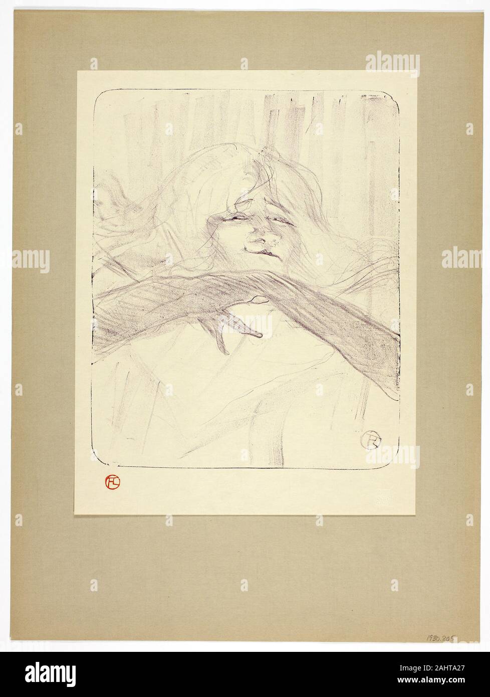Henri de Toulouse-Lautrec. Linger, più lungo, loo, piastra di sette da Yvette Guilbert. 1898. La Francia. Litografia (matita) in viola porpora o crema su carta intessuta incernierato in corrispondenza di angoli superiori a grigio-marrone carta intessuta Foto Stock