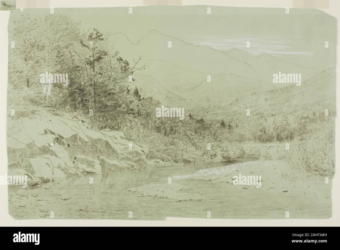 Alexander Helwig Wyant. Flusso del fiume con le montagne in distanza. 1856-1892. Stati Uniti. Carbone marrone intensificato con gesso bianco e un tocco di pennello e gouache bianco su verde carta intessuta Foto Stock